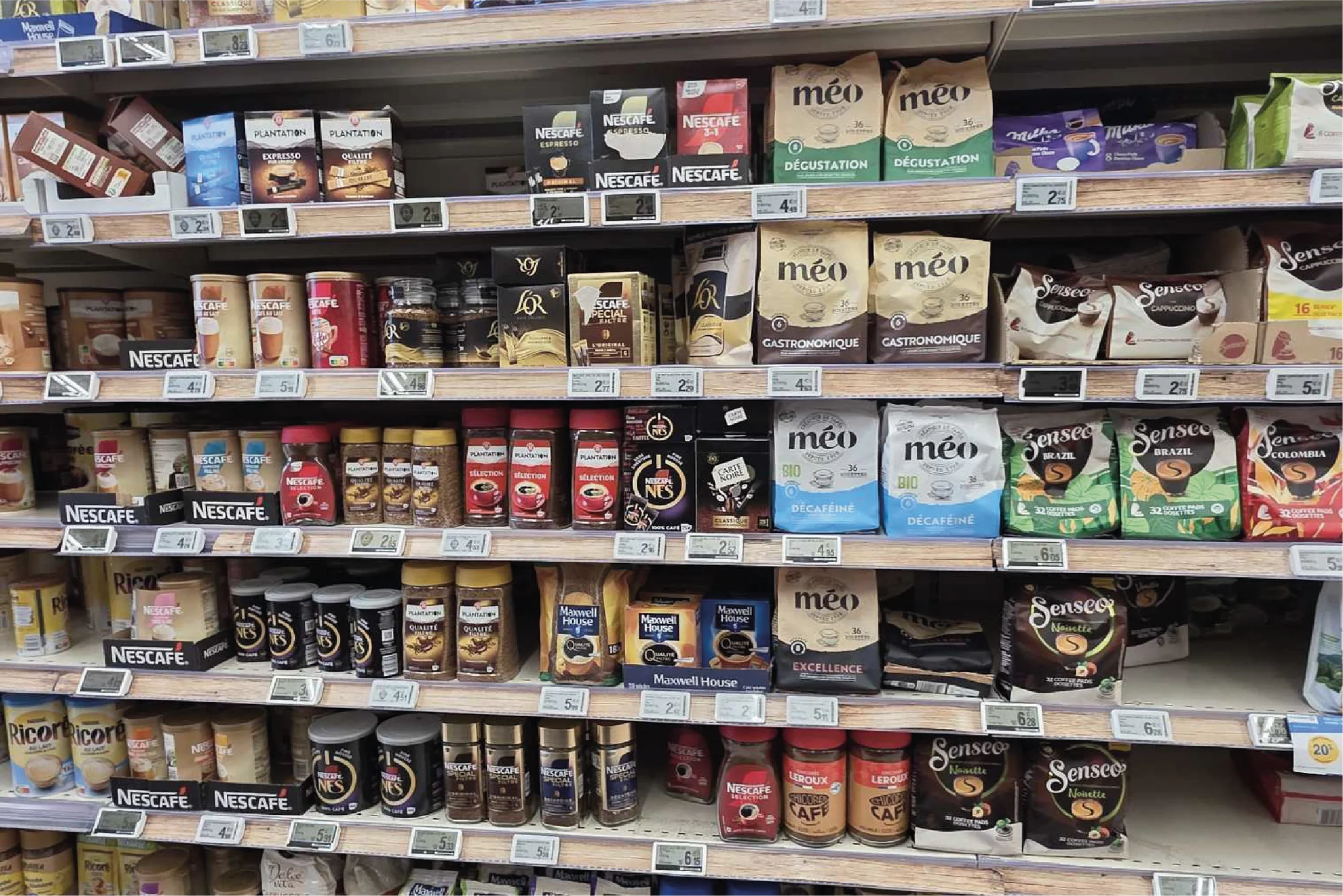 Coffee aisle with multiple competing brands audited side by side